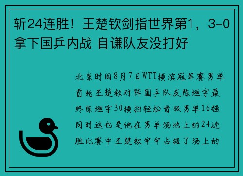 斩24连胜！王楚钦剑指世界第1，3-0拿下国乒内战 自谦队友没打好